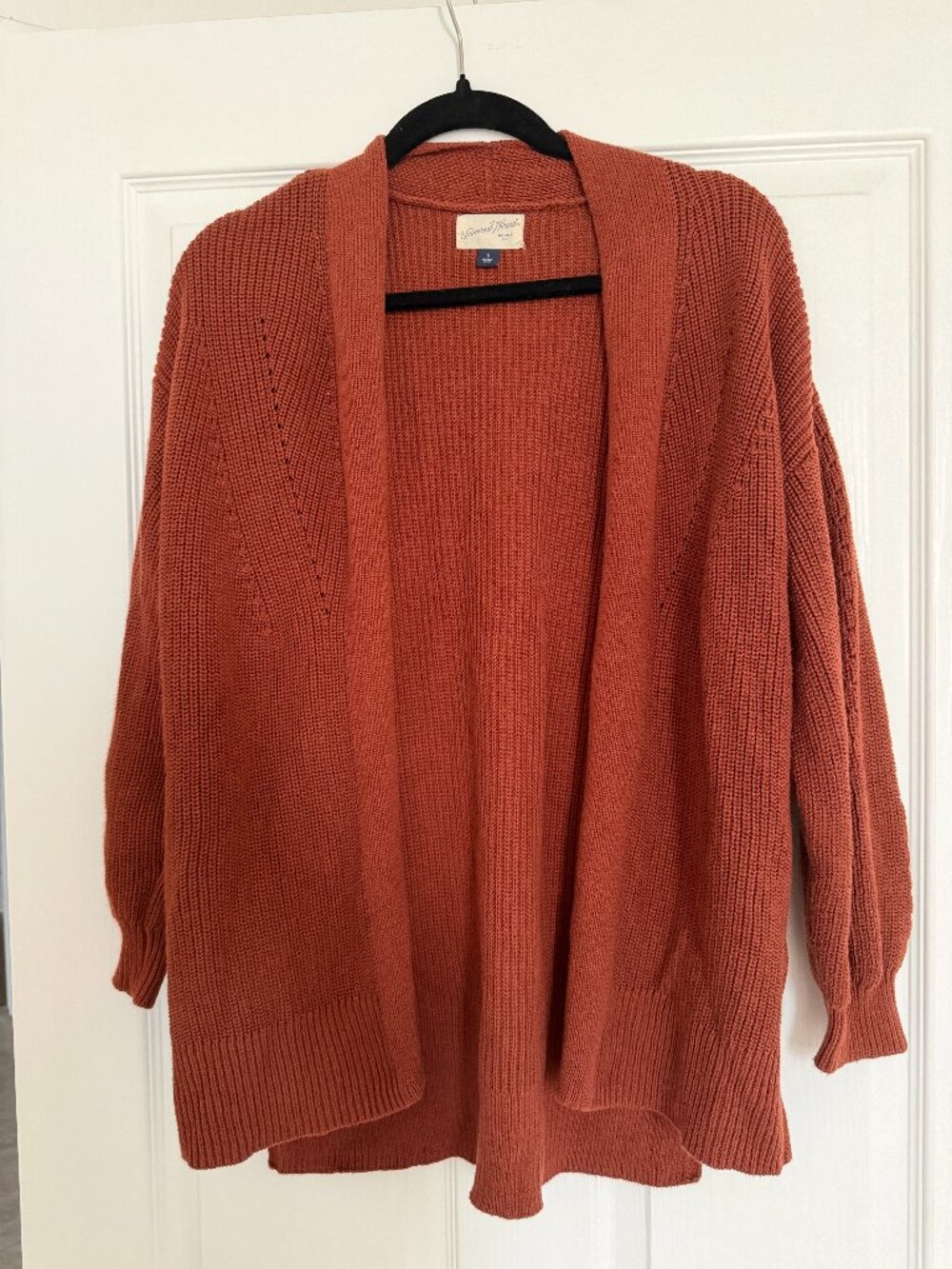 Universal Thread Open-Front Pointelle Sleeve Cardigan Sweater in Burnt Orange/Ru